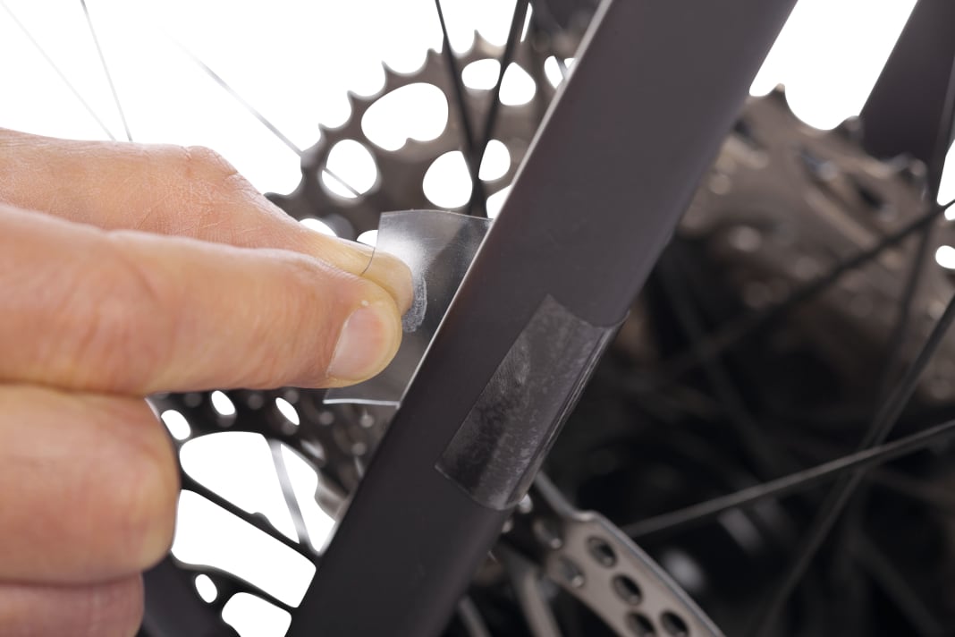 Self-adhesive, extra-tough protective film also protects frame tubes from chafing.