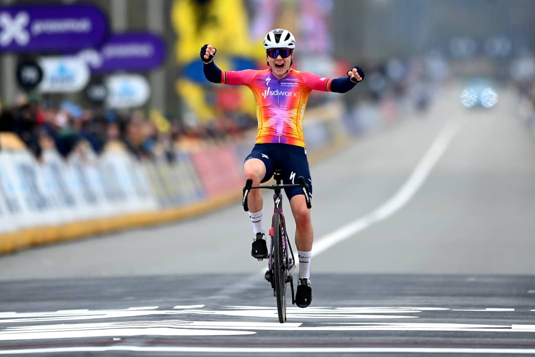 Home victory! Fan favourite Lotte Kopecky confidently wins the Tour of Flanders, 2 April 2023.