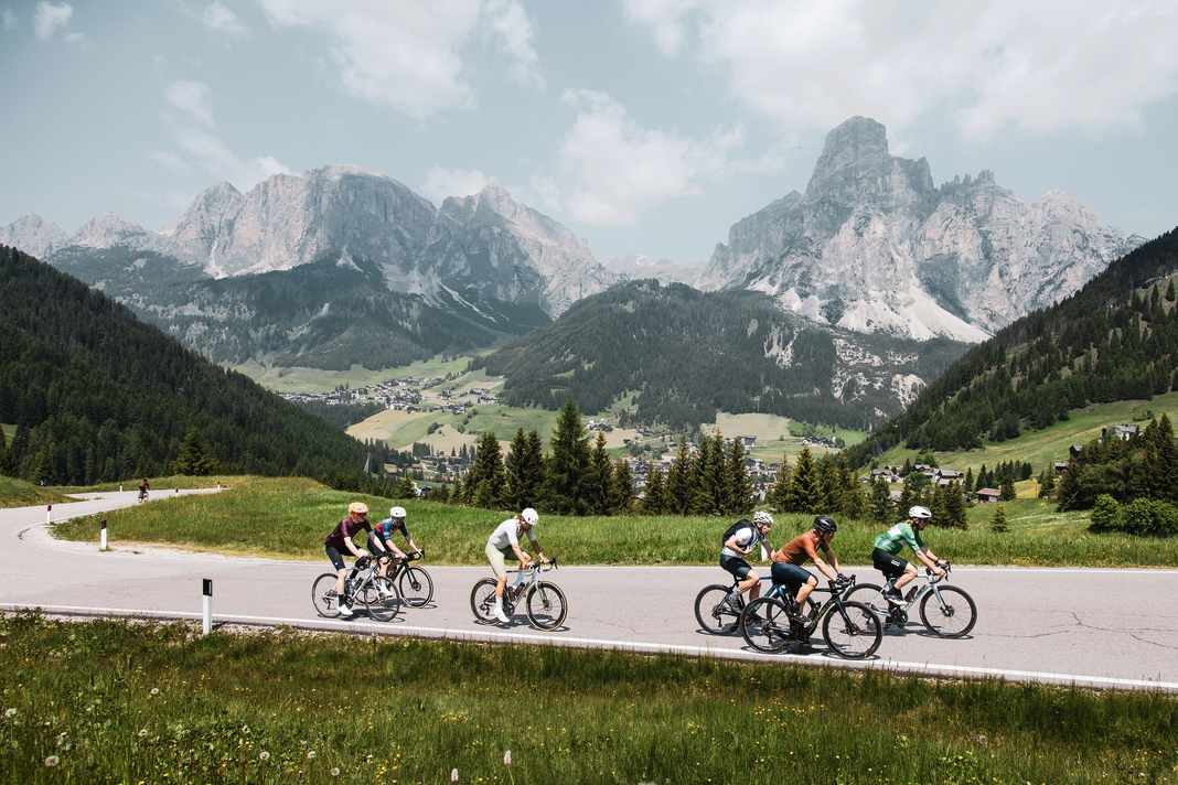 On the train: At Passo Campolongo, with Corvara in the valley and the Sassongher in the background