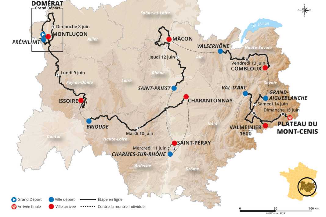 Le parcours du Critérium du Dauphiné 2025 sur la carte