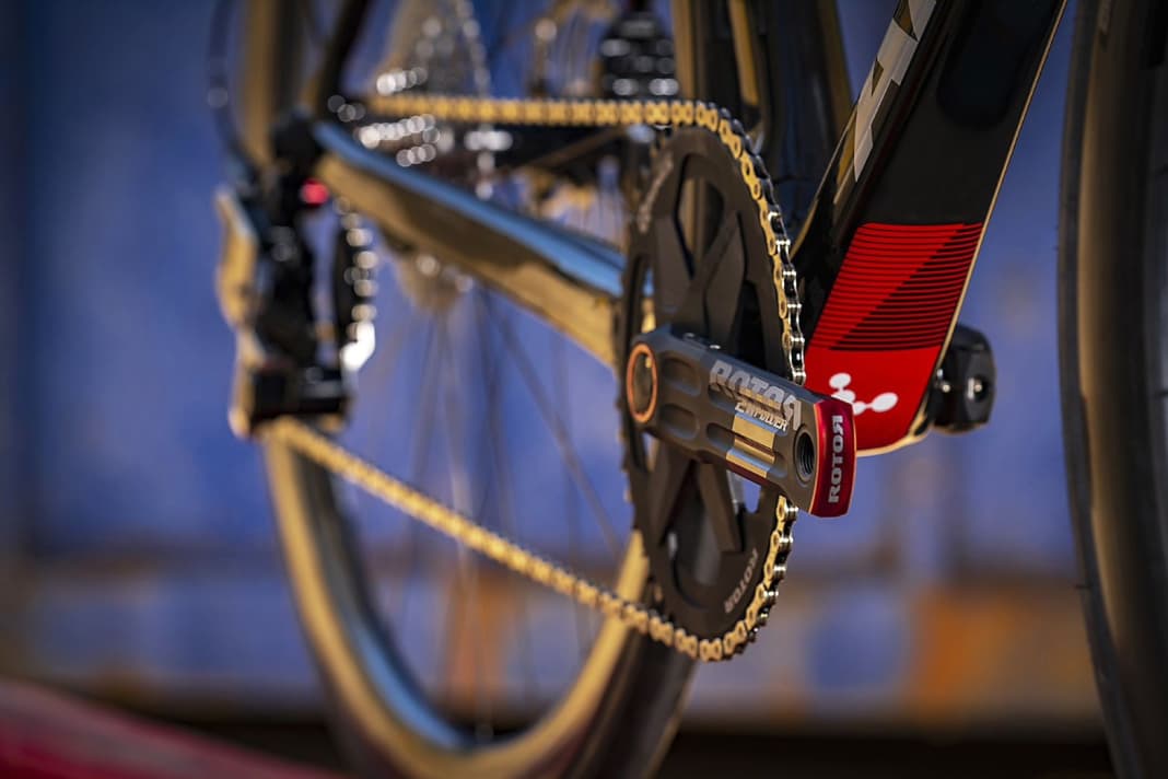 Der neue Rotor-Antrieb kommt mit einem Kettenblatt aus, 13 Ritzel am Hinterrad sollen eine ausreichende Bandbreite und akzeptable Gangsprünge liefern.