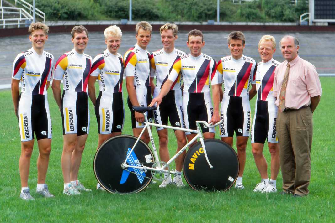 Pendant de nombreuses années, Gonso a notamment été l'équipementier des athlètes de l'élite allemande. Ici, l'équipe nationale de cyclisme sur piste à l'occasion des championnats d'Allemagne 1990 à Berlin