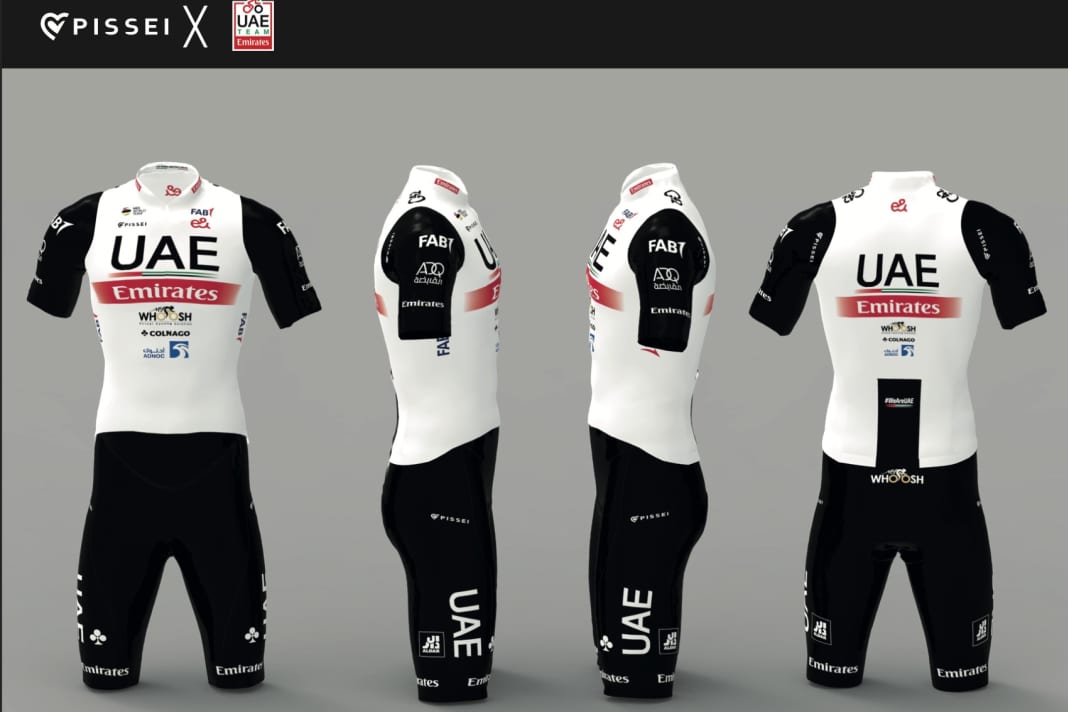 This is what the UAE Team Emirates kit looks like for the 2023 season. It is manufactured by Pissei