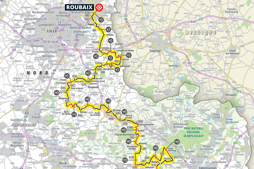La course masculine de Paris-Roubaix 2023 sur la carte