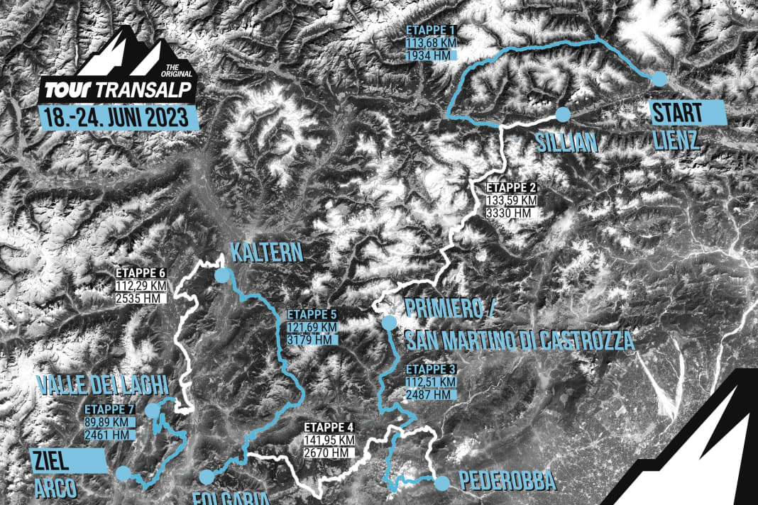 Le parcours du TOUR Transalp 2023 dans la carte d'ensemble