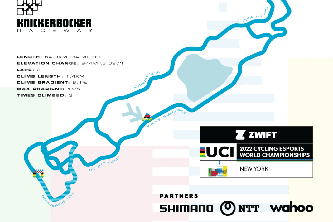 Das ESports WM-Rennen wird 2022 auf der Knickerbocker-Strecke auf Zwift ausgetragen.