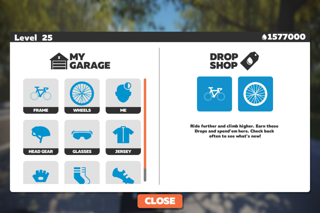 Der neue Auswahlbildschirm zeigt links unter "My Garage" die bereits gesammelten Räder und Accessoires an. Rechts gelangt man in den neuen "Drop Shop".
