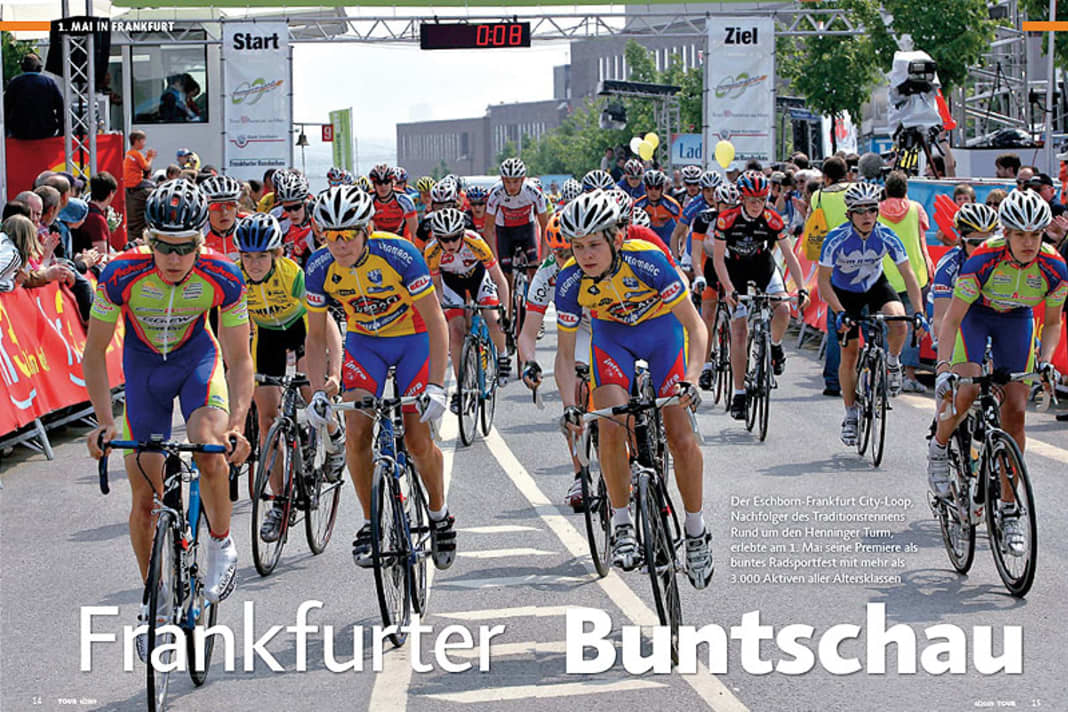 1. Mai in Frankfurt
Der "Eschborn-Frankfurt City-Loop", Nachfolger des Traditionsrennens "Rund um den Henninger Turm", erlebte am 1. Mai seine Premiere als buntes Radsportfest mit mehr als 3.000 Aktiven aller Altersklassen.