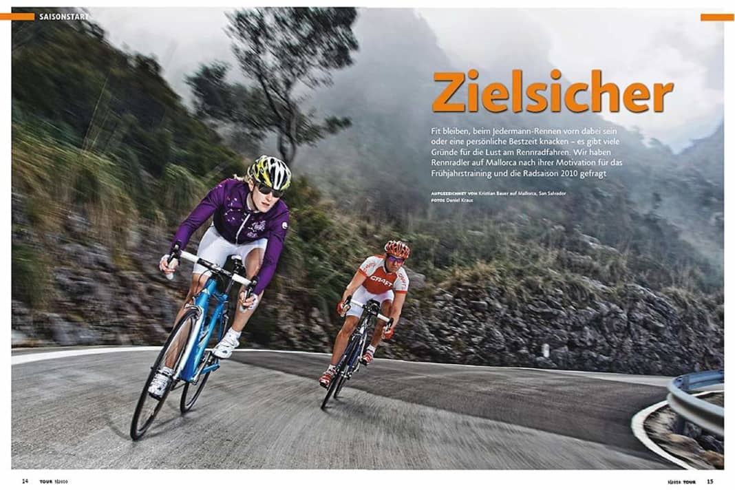 Saisonstart
Fit bleiben, beim Jedermann-Rennen vorn dabei sein oder eine persönliche Bestzeit knacken – es gibt viele Gründe für die Lust am Rennradfahren. Wir haben Rennradler auf Mallorca nach ihrer Motivation für das Frühjahrstraining und die Radsaison 2010 gefragt.
 