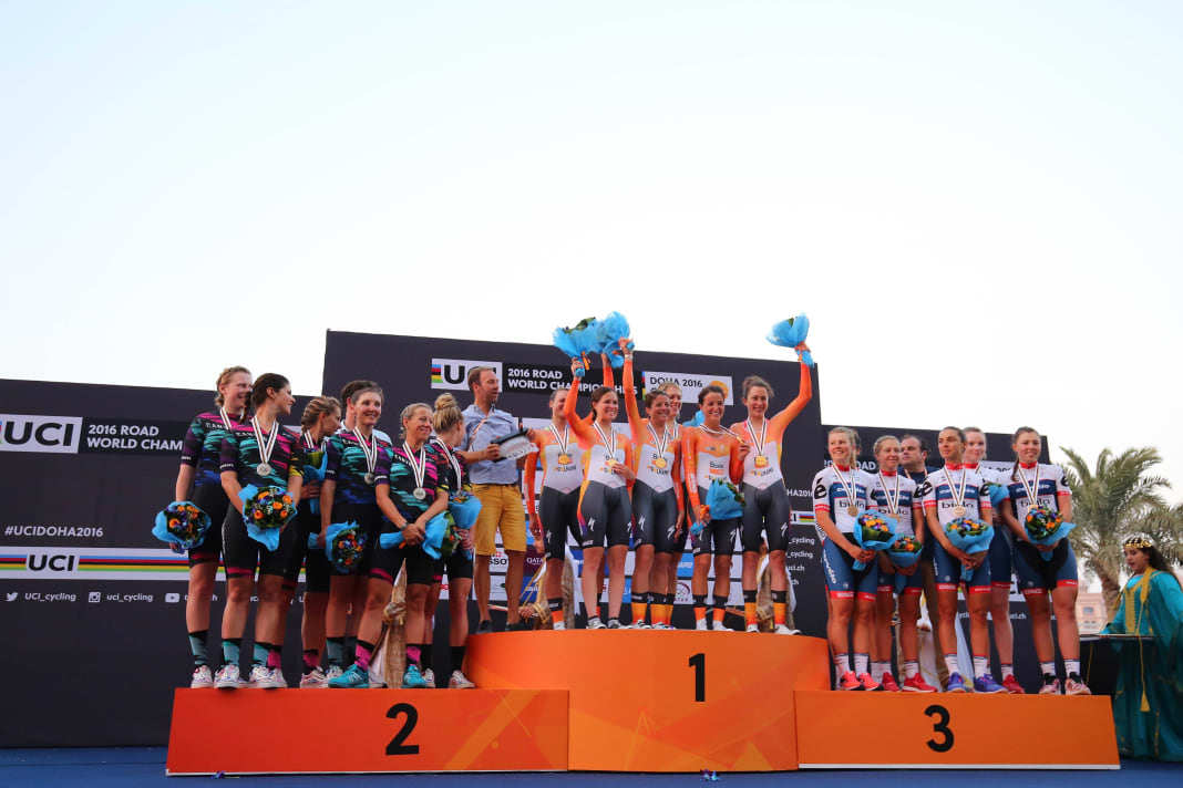 The world champions of the 2016 World Cycling Championships in Qatar: Women's team time trial: Gold Boels-Dolmans Cycling Team (Netherlands), Silver Canyon//SRAM Racing (Germany), Bronze Cervelo-Bigla Pro Cycling (Switzerland)