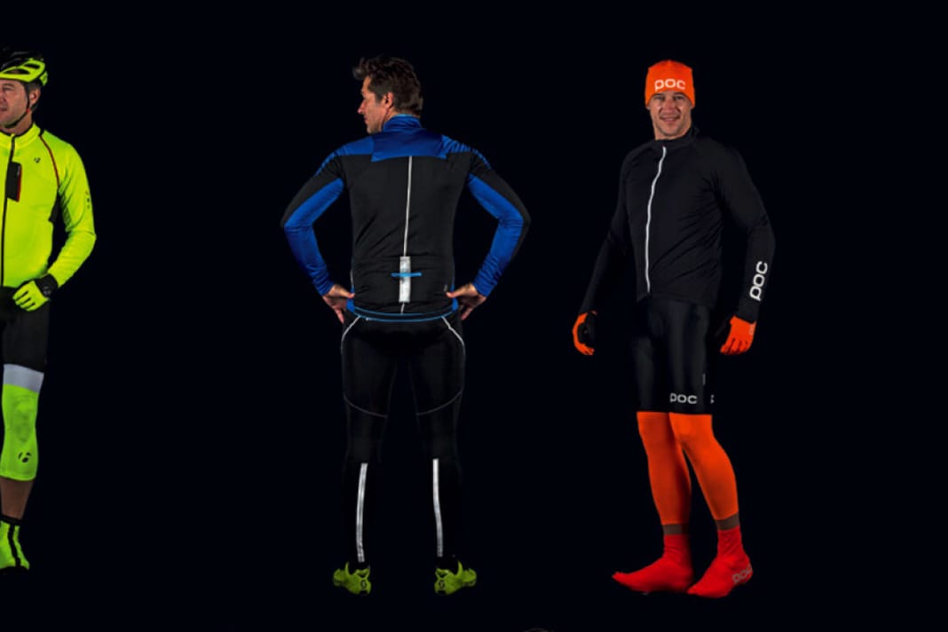 Die Outfits von Bontrager, Craft und Poc bei Nacht (v.l.)