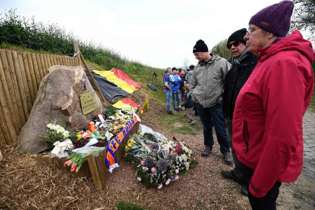 Remembrance: Fans at the spot where Michael Goolaerts fell and later died after a heart attack in 2018