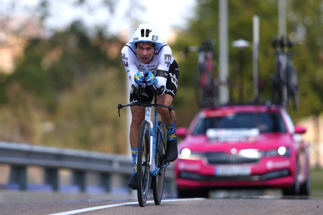 Swiss rider Stefan Bissegger sets the first target time in the individual time trial on stage 10 of the Vuelta 2023