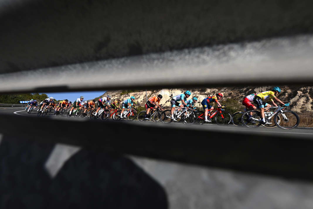 Keeping a clear view: The peloton at the Tour of Valencia, here on stage 3, 2 February 2024.