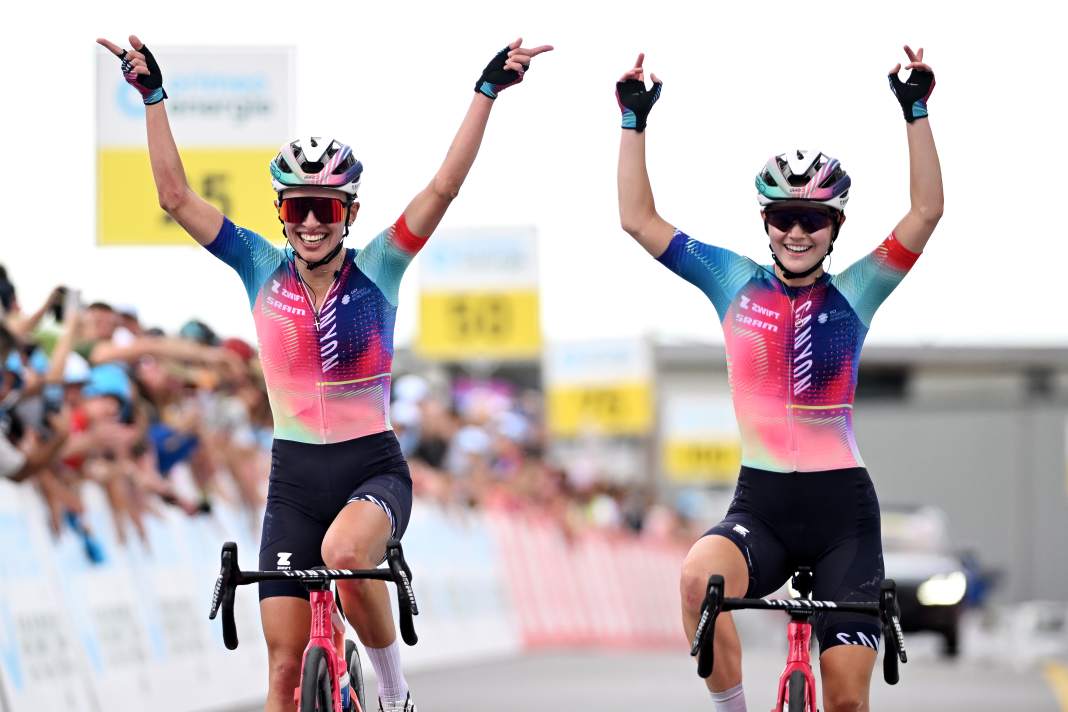 Team Canyon//SRAM Racing celebrates a double victory on stage 3 of the 2024 Women's Tour de Suisse with Neve Bradbury (right) and Kasia Niewiadoma (left)