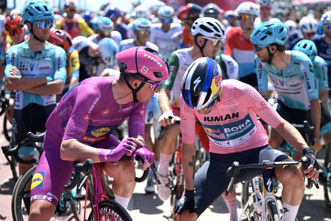 Primoz Roglic (right) started stage 8 of the Giro d'Italia 2025 as the overall leader