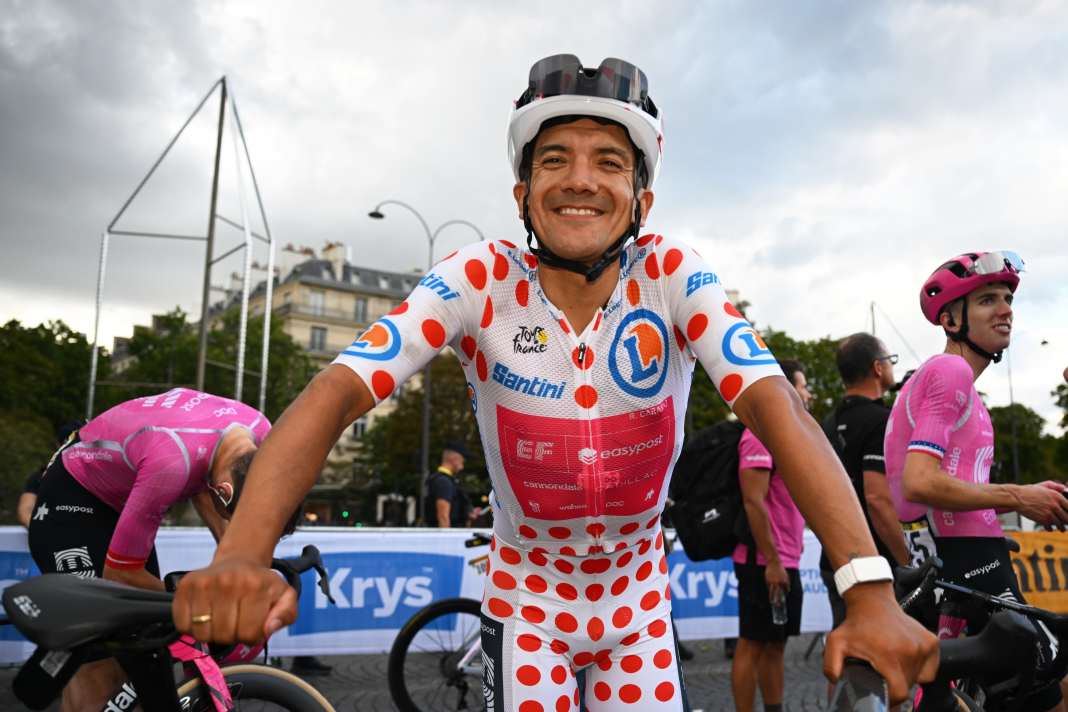 Richard Carapaz in the polka-dot jersey during Stage 21 of the 2026 Tour de France