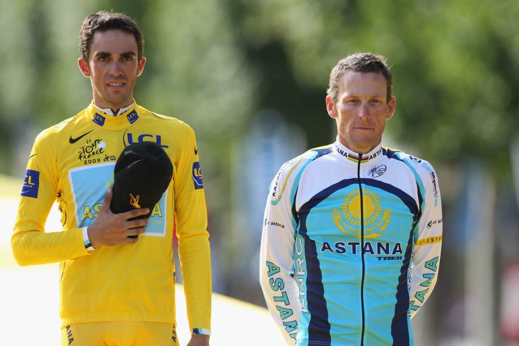Alberto Contador (left) and Lance Armstrong didn't have much to say to each other at the end of the 2009 Tour de France.