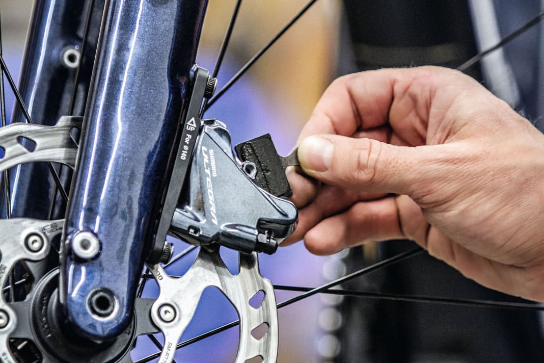 Oily pads cause road bike disc brakes to squeal, they need to be replaced: Remove the locking pin and screw - then the pads can simply be taken out upwards.
