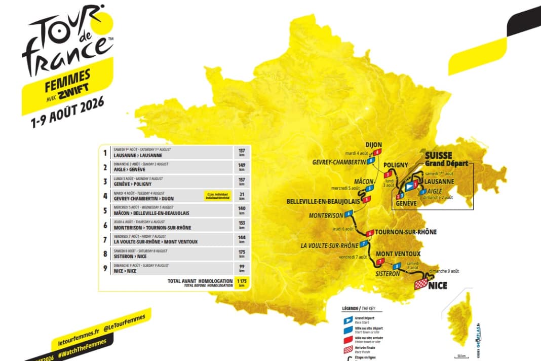 The route of the Tour de France Femmes 2026 on the map