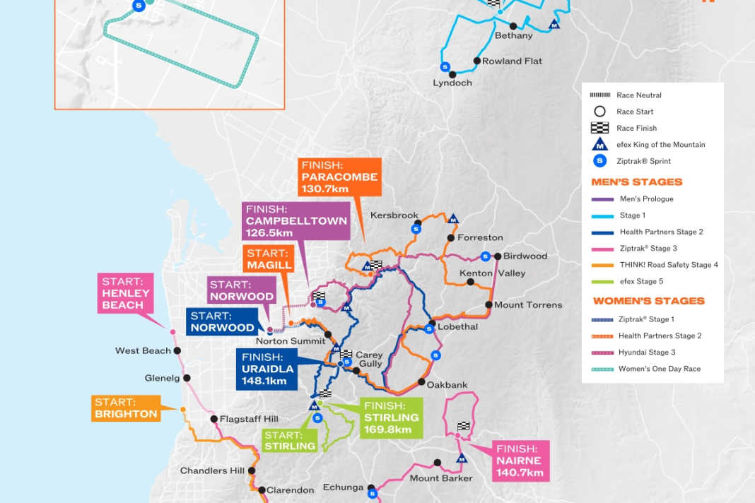 Die Tour Down Under der Männer und der Frauen auf der Karte