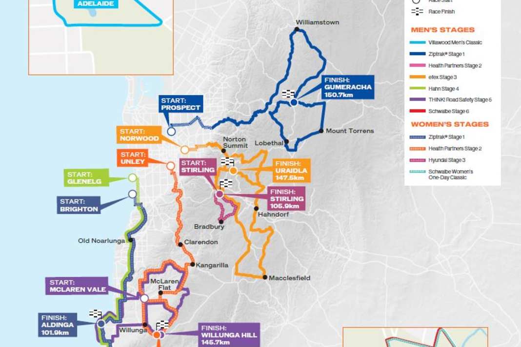 Die Tour Down Under der Männer und der Frauen auf der Karte