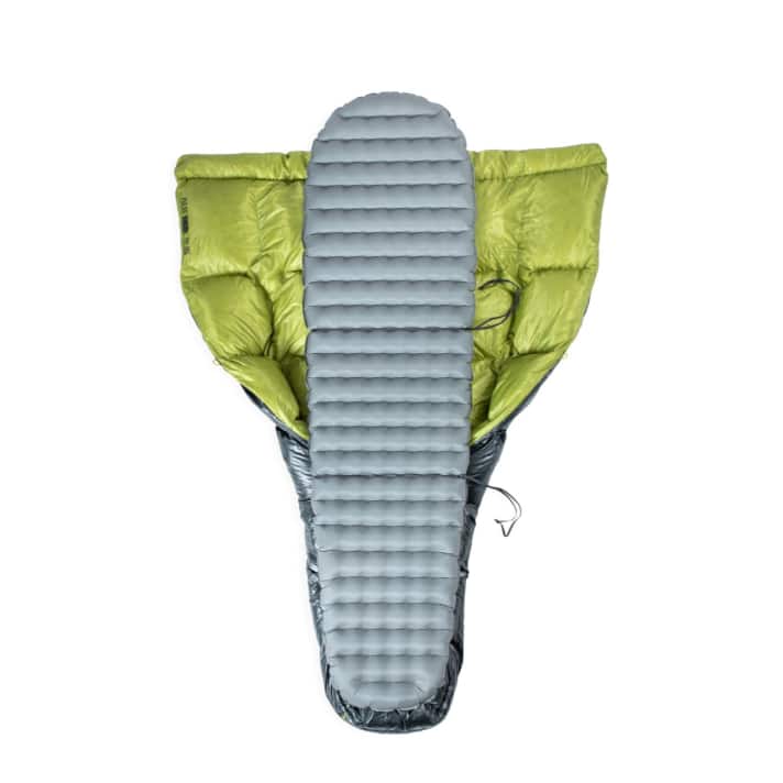 The Nemo Pulse Quilt sleeping bag can also be wrapped around the Tensor Elite sleeping pad for optimum heat retention.