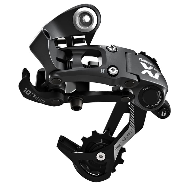   Prevents chain slap and doesn't cost the earth: SRAM X7 Type 2 rear derailleur.