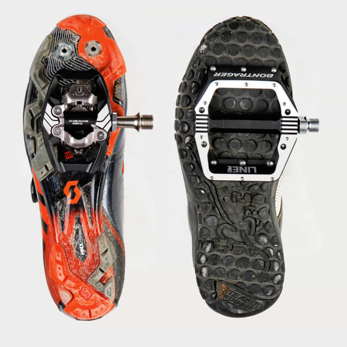   It doesn't always have to be silver-grey, as in our example. Whether flat pedals (Bontrager Line Pro on the right) or clipless pedals (Shimano XT Trail, left), there are now suitable options for every type of rider, budget and colour preference.