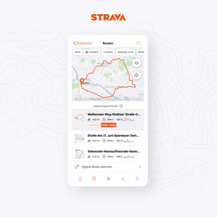   As soon as you change the filter, the Strava tool calculates three new route suggestions. This means you never have to cycle the same tour despite the same distance or identical starting point.