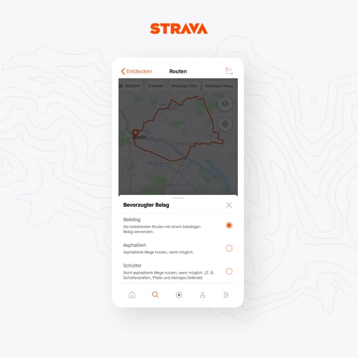   Mountain bikers will always select the "Gravel" option for "Surface". This is the only way to ensure that the suggested route also includes popular off-road sections and trails.