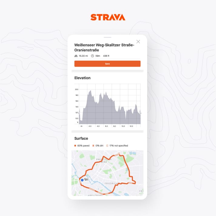   In den Details zu den vorgeschlagenen Routen wird das Höhenprofil und die Untergrundbeschaffenheit auf einer Karte dargestellt. Zoomen ist dort nicht möglich. Zudem unterscheidet Strava nur zwischen den Untergründen asphaltiert, Schotter und nicht bekannt.