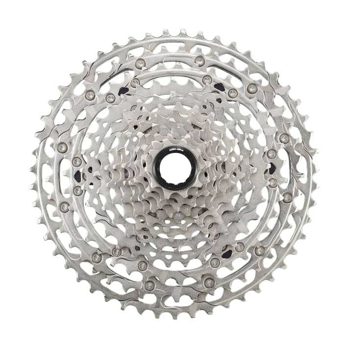 The Deore cassette has 12 stainless steel sprockets with a range of 10-51 teeth.