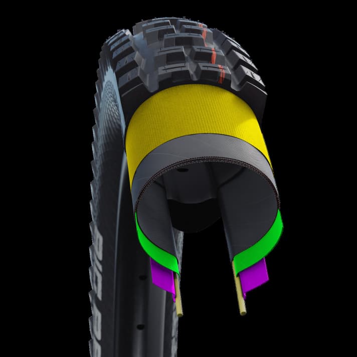   Super Gravity: For extreme use! Anyone who pushes a bike with a lot of suspension travel to its limits will get the puncture protection they need here. Four carcass layers, a Snakeskin fabric (yellow) and an Apex (green) provide stability - but also a lot of weight.