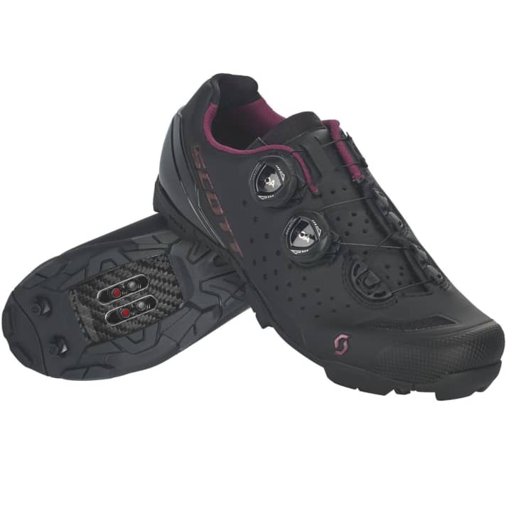 MTB RC-Schuhe: Der leichte Klickpedal-Schuh mit steifer Carbonsohle ist für schnelle Fahrten und Laufpassagen entwickelt. Dank zwei Boa-Drehverchlüssen lässt sich der Schuh auch während der Fahrt mühelos feinjustieren. Mit dezenten lilafarbenen Features ist der elegante MTB-Schuh ein wahrer Hingucker. Erhältlich für 99,95 Euro.