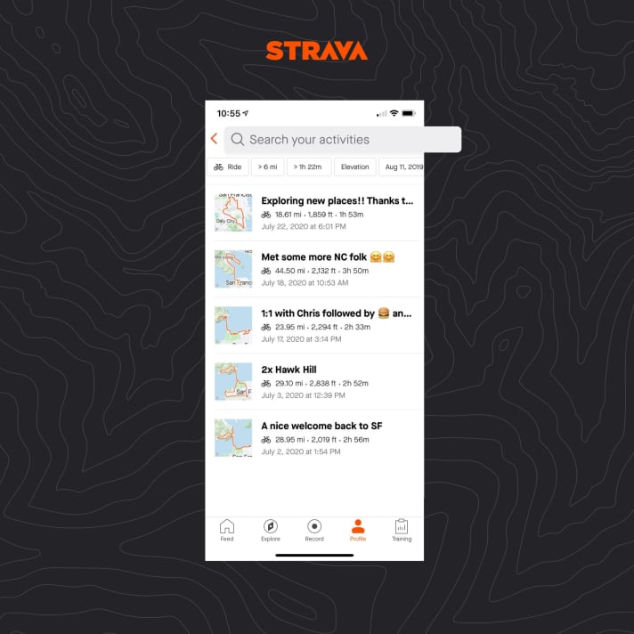   Targeted activity search in the mobile app: From now on, you can also search for specific activities in the mobile app. The endless scrolling through the feed to search for a specific bike tour has finally come to an end! Instead, a filter can be used to search precisely by sport, distance, time, altitude, date range and type (training or competition). In addition, Strava users can see at a glance how many activities they have recorded based on the filters they have set. The search function can be accessed via the "magnifying glass" in the training diary or in the activities in your own profile.