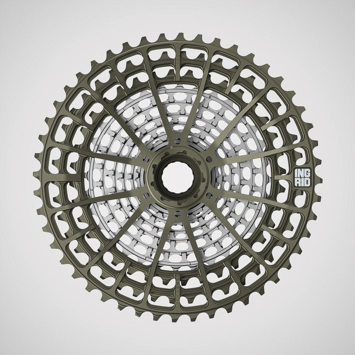   The 12-speed cassette of the Ingrid drivetrain with a gradation of 10-48 teeth.