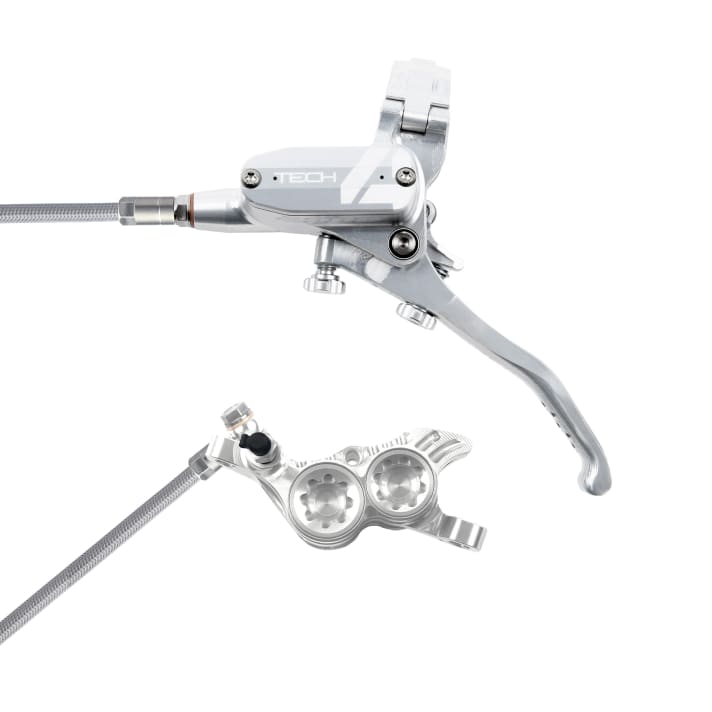   Hope's brake anchor for heavy-duty applications: Compared to the Tech 4 E4, the Hope Tech 4 V4 has an even larger brake piston surface and therefore even more power. Here is the steel flex version in silver.