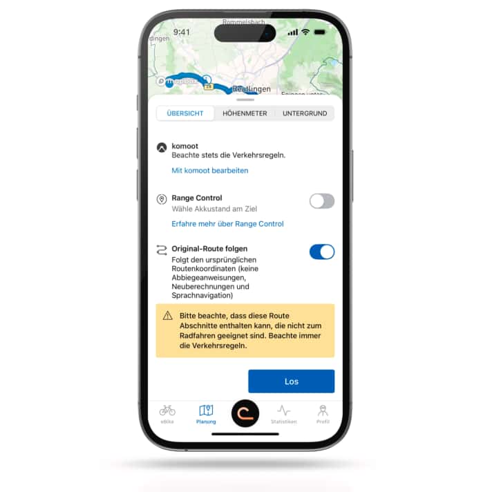 Mit dem Klick auf "Originalroute folgen" passt die Bosch-Navigation Routen aus Komoot nicht mehr den bekannten Wegen an.