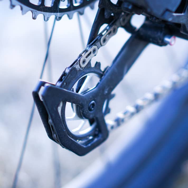 Eye-catcher and crash protection: the Magic Wheel with floating upper toothed ring. If a stick gets jammed, it continues to rotate and protects the rear derailleur from damage. This worked reliably even after the endurance test despite mud and dust.
