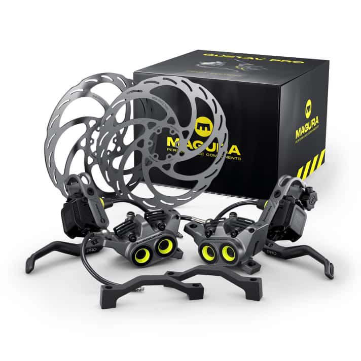 Das First Edition Set der Magura Gustav Pro kommt in einer schicken Box und beinhaltet zwei vollständige Bremsen mit 200-Millimeter-Scheiben. Kostenpunkt: 699,90 Euro.