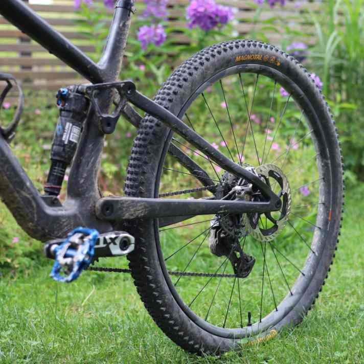 It's a match: The lightweight Continental Magnotal fits well on the rear of nimble trail bikes like this Last Asco.