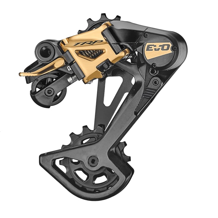The parallelogram of the derailleur is (mounted) horizontal to the ground, which should minimise the effects of rough trails.