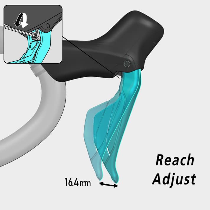The reach on the brake lever can be adjusted over a wide range. The buttons can be freely assigned via the app.