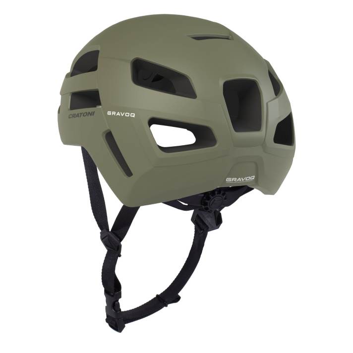 The gravel helmet has a robust outer shell and extended protection at the temples and back of the head.