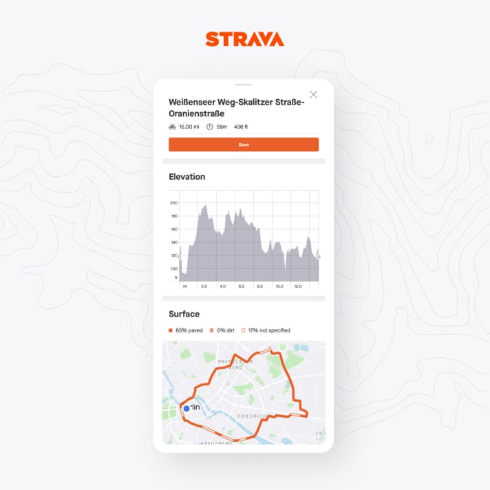   Dans les détails des itinéraires proposés, le profil d'altitude et la nature du terrain sont représentés sur une carte. Il n'est pas possible d'y faire un zoom. De plus, Strava ne fait la distinction qu'entre les surfaces asphaltées, les graviers et les surfaces inconnues.