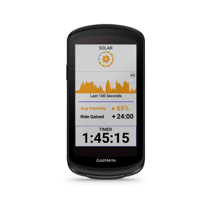 Die Solarlinsen sitzen oben und unten am Rand des Displays. Um wie viel sich die Akkulaufzeit verlängert, kann man während der Fahrt checken. Die Solar-Version des Edge 1040 kostet 150 Euro mehr als der normale Edge 1040 (599,99 Euro).