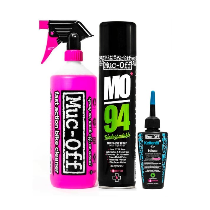 The Muc-Off cleaning kit consists of one litre of bike cleaner, a penetrating oil and a chain oil for wet conditions.