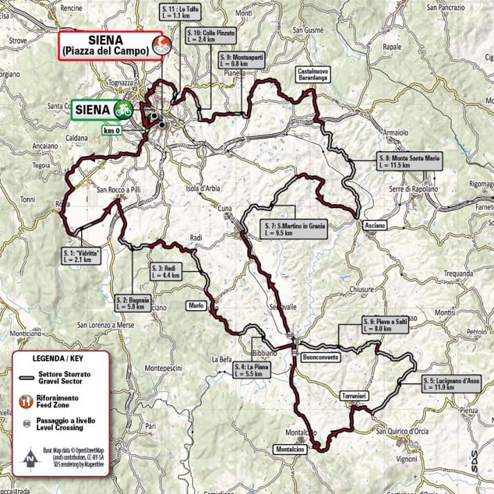 The men's course of the Strade Bianche 2022 in the overview map. The gravel sectors are marked in grey.