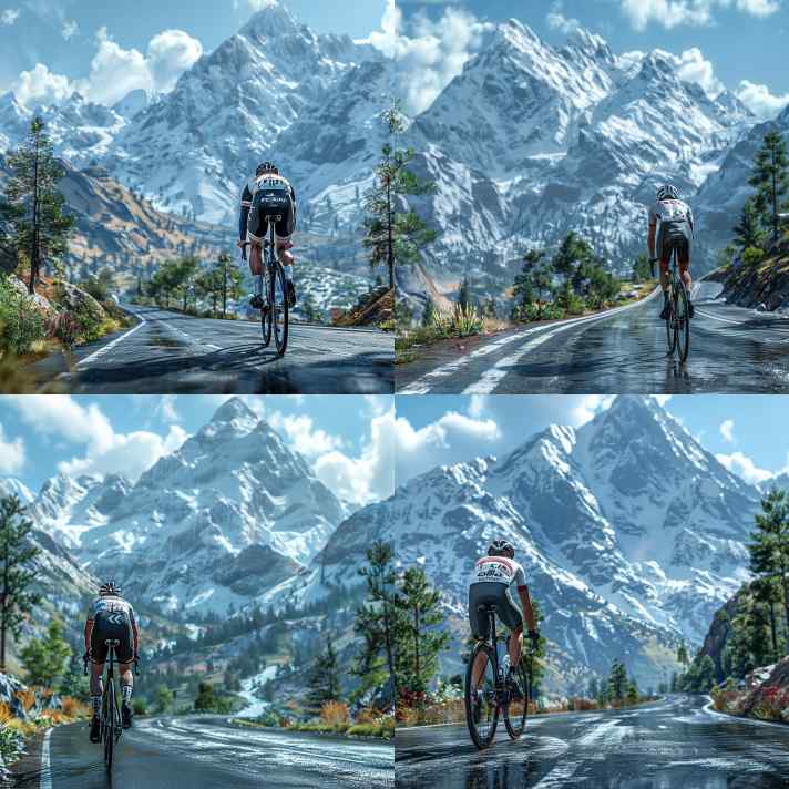 Wet road and snow-covered mountains